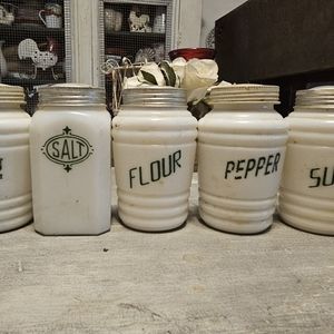Vintage milk glass salt, sugar, pepper, flour shakers